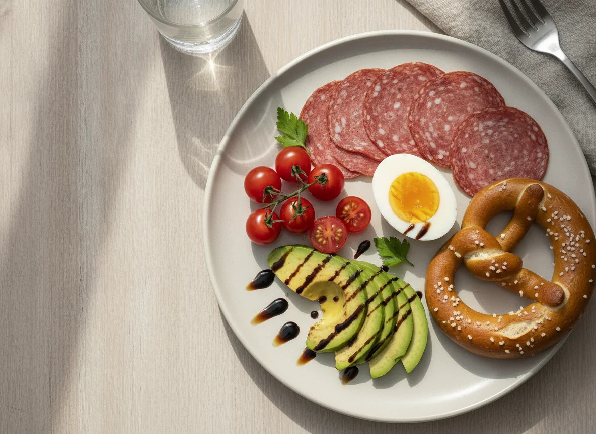 Frühstücksteller mit Wurst, Ei und Avocado photo