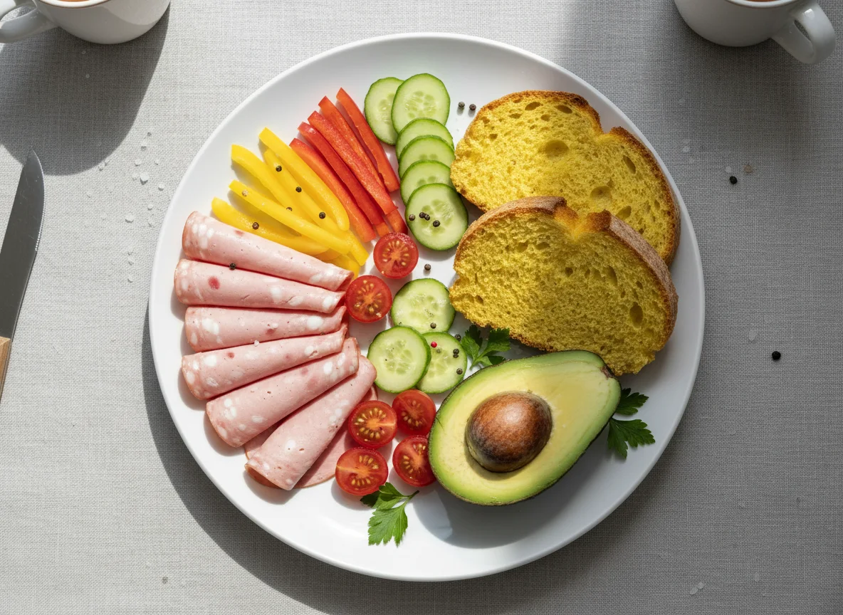 Frühstücksteller mit Wurst, Gemüse und Brot photo