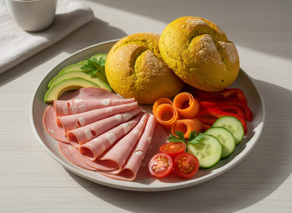 Frühstücksteller mit Wurst, Gemüse und Kurkumaweckerl photo