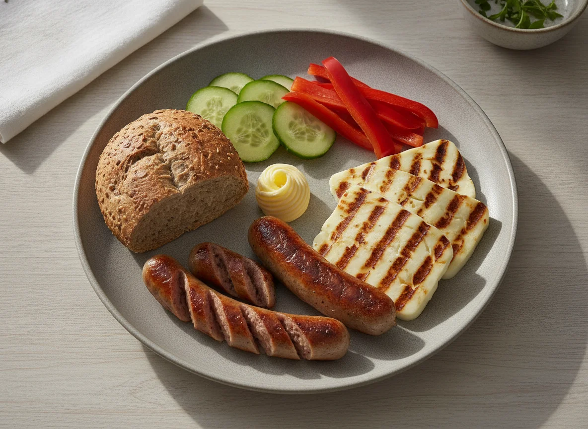 Frühstücksteller mit Wurst, Halloumi und Gemüse photo