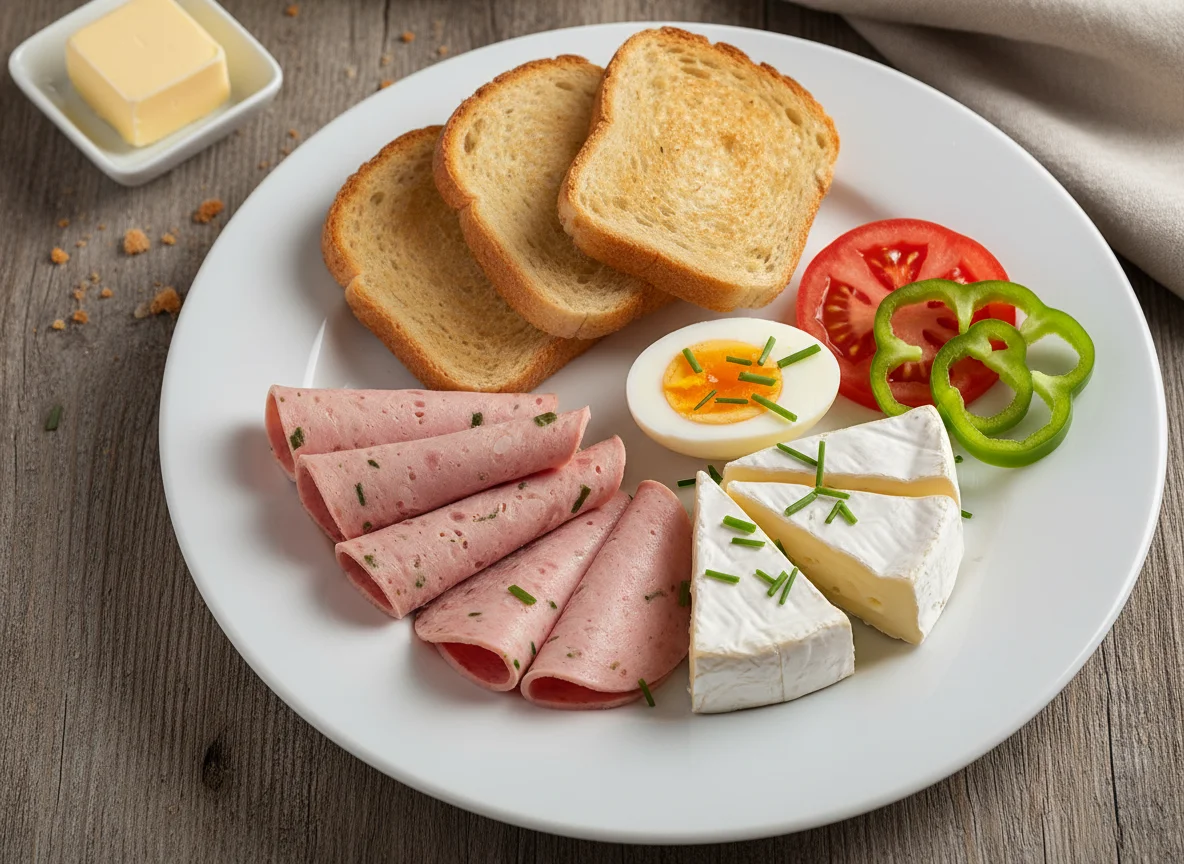 Frühstücksteller mit Wurst, Käse und Gemüse photo