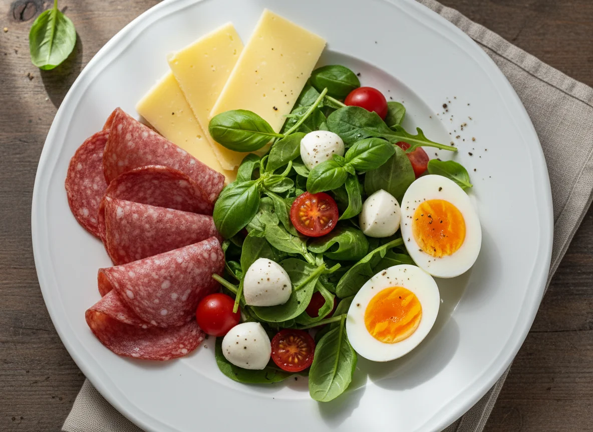 Frühstücksteller mit Wurst, Käse und Salat photo