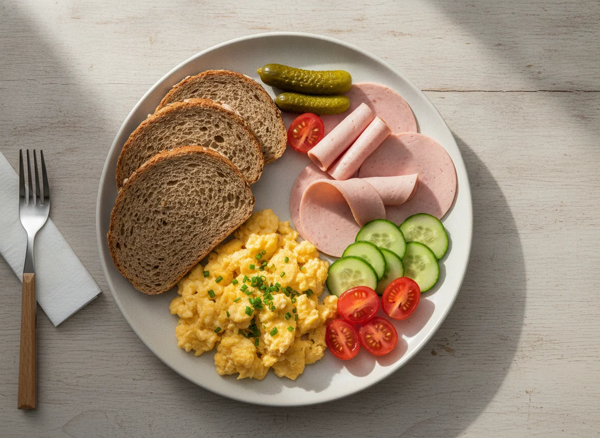 Frühstücksteller mit Wurst, Rührei und Gemüse photo