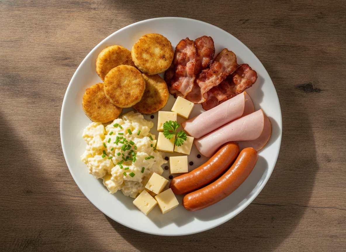 Frühstücksteller mit Wurst, Schinken, Speck, Kartoffelsalat, Rösti und Käse photo