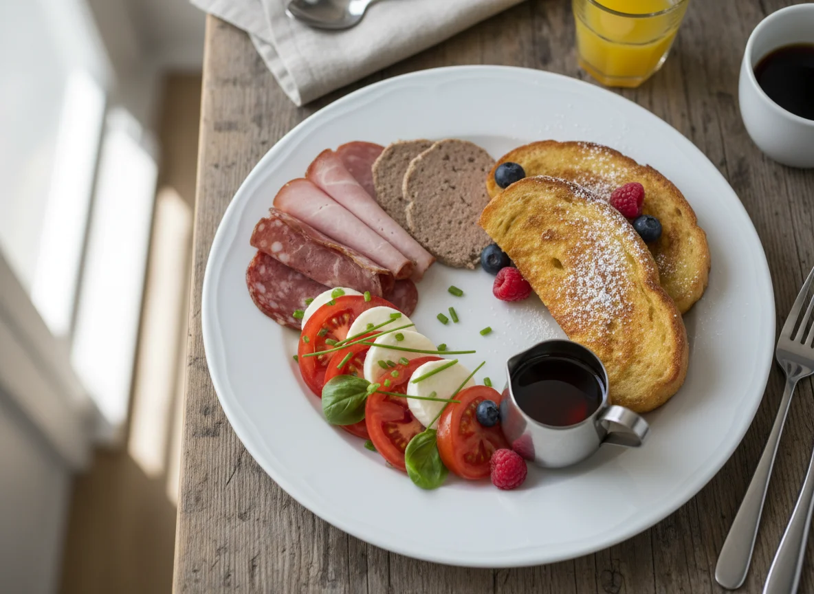 Frühstücksteller mit Wurst, Tomate, Mozzarella und French Toast photo