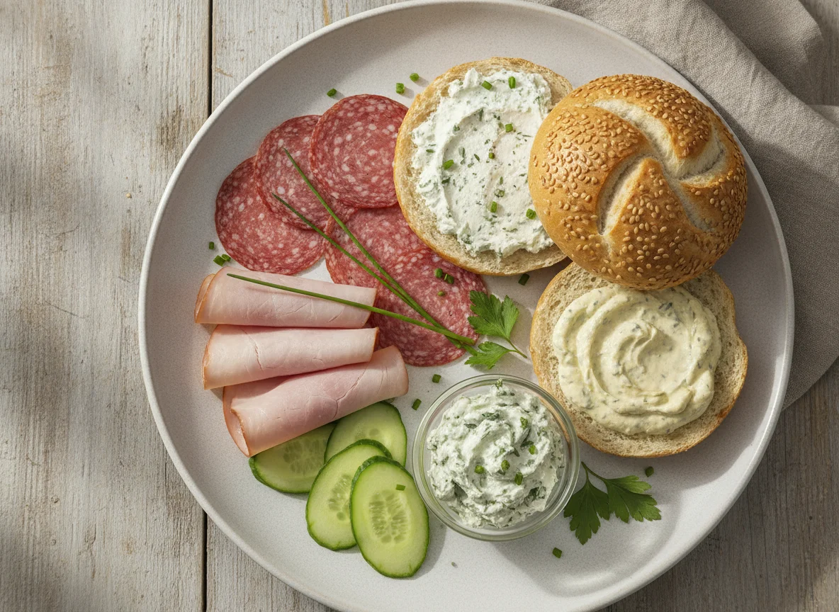Frühstücksteller mit Wurst und Brötchen photo