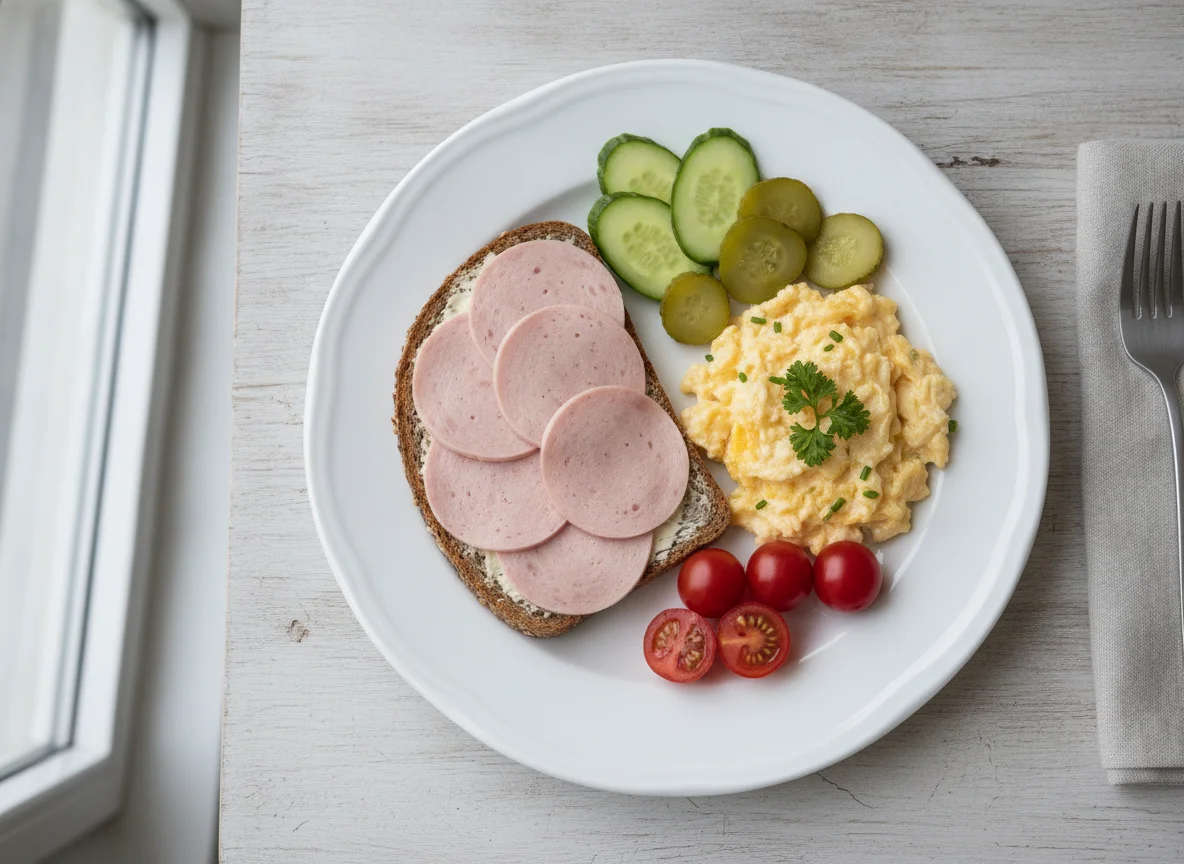 Frühstücksteller mit Wurstbrot und Rührei photo