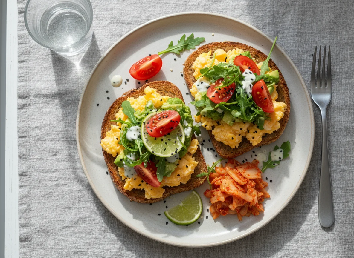 Frühstückstoast mit Ei, Avocado, Tomate und Kimchi photo