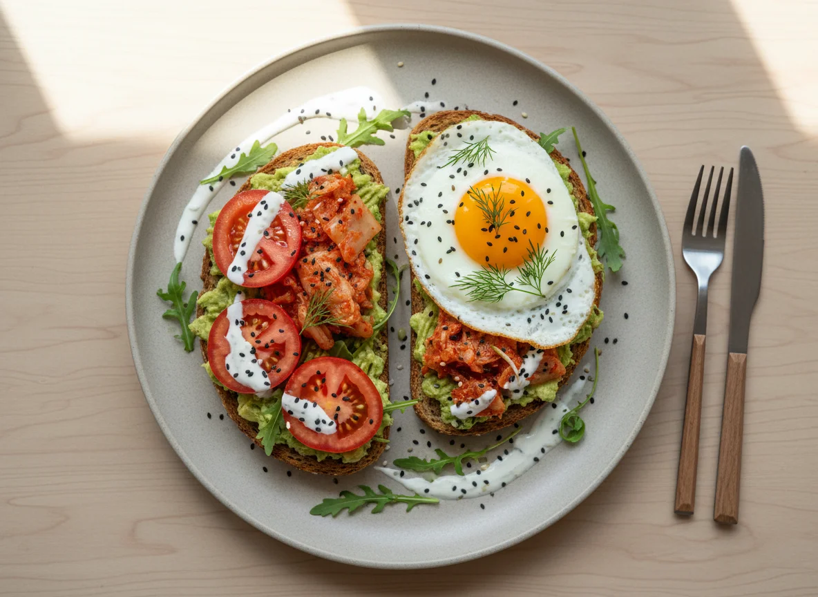 Frühstückstoast mit Kimchi und Avocado photo