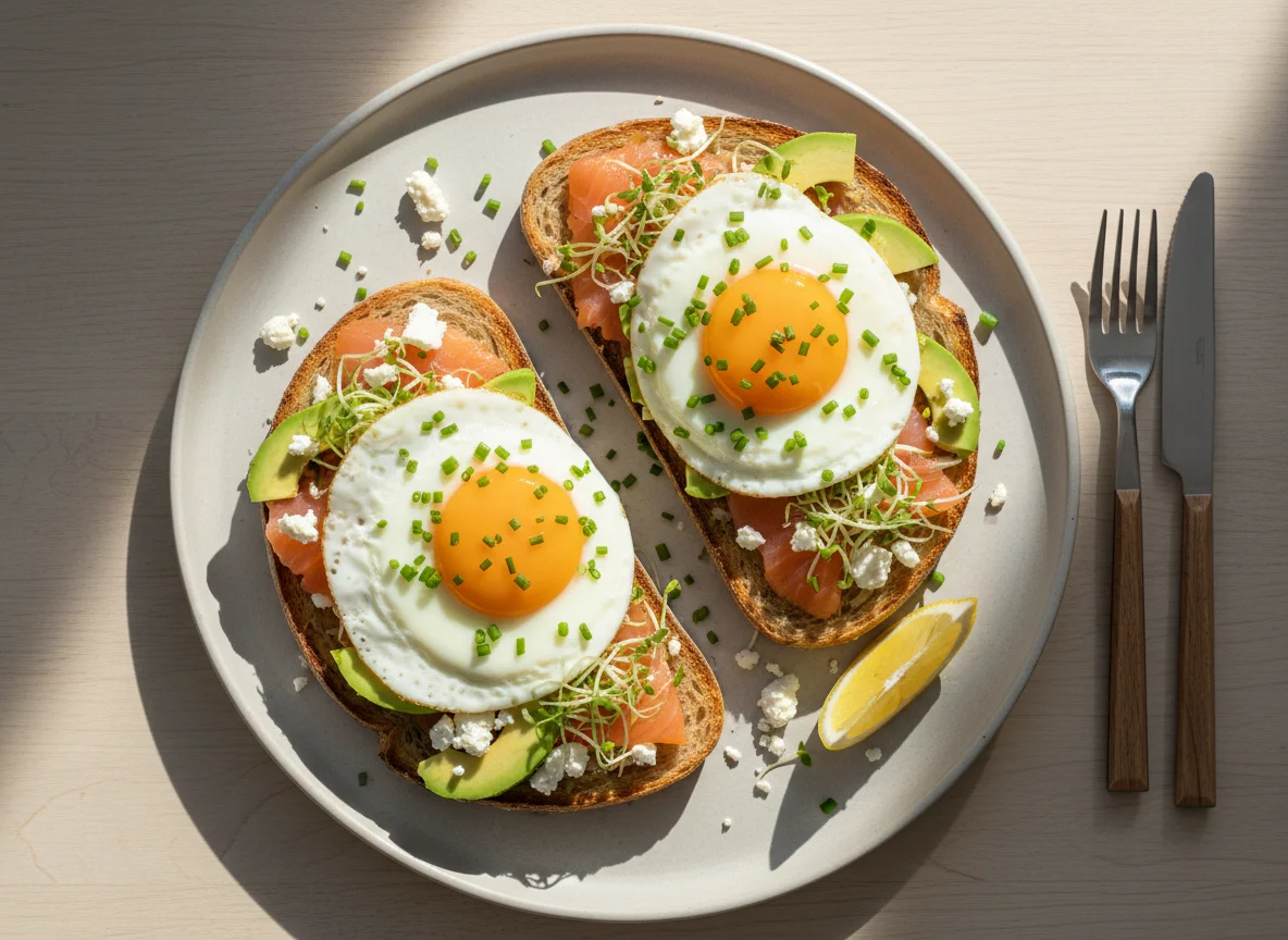 Frühstückstoast mit Lachs, Avocado und Spiegeleiern photo