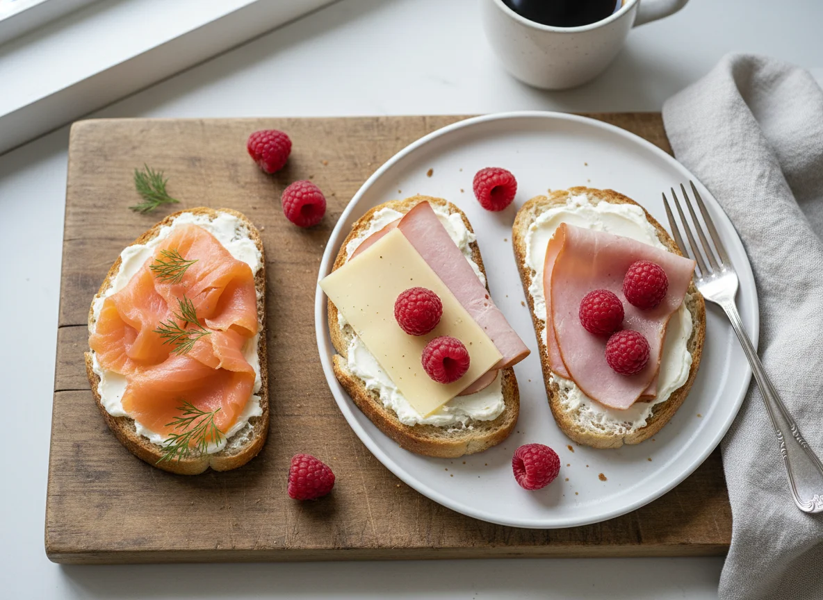 Frühstückstoast mit Lachs, Schinken und Himbeeren photo