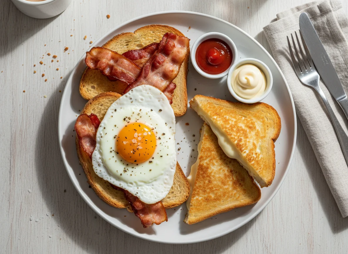 Frühstückstoast mit Speck, Ei und Camembert-Toast photo