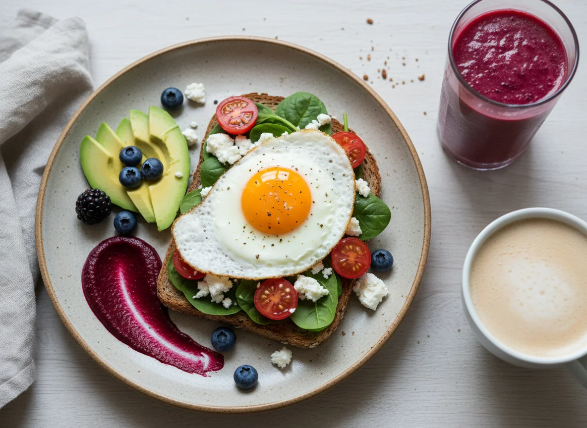 Frühstückstoast mit Spiegelei und Feta photo