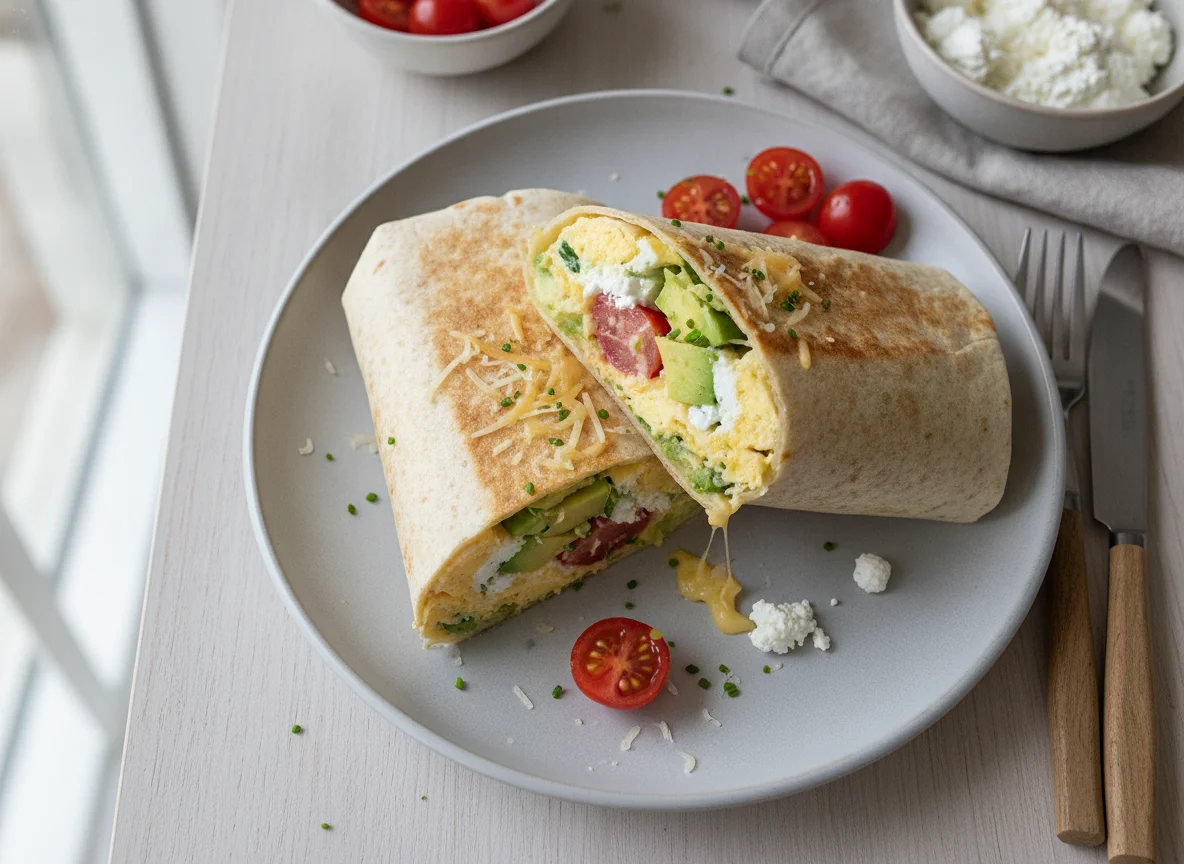Frühstücks-Wrap mit Rührei, Avocado und Tomaten photo