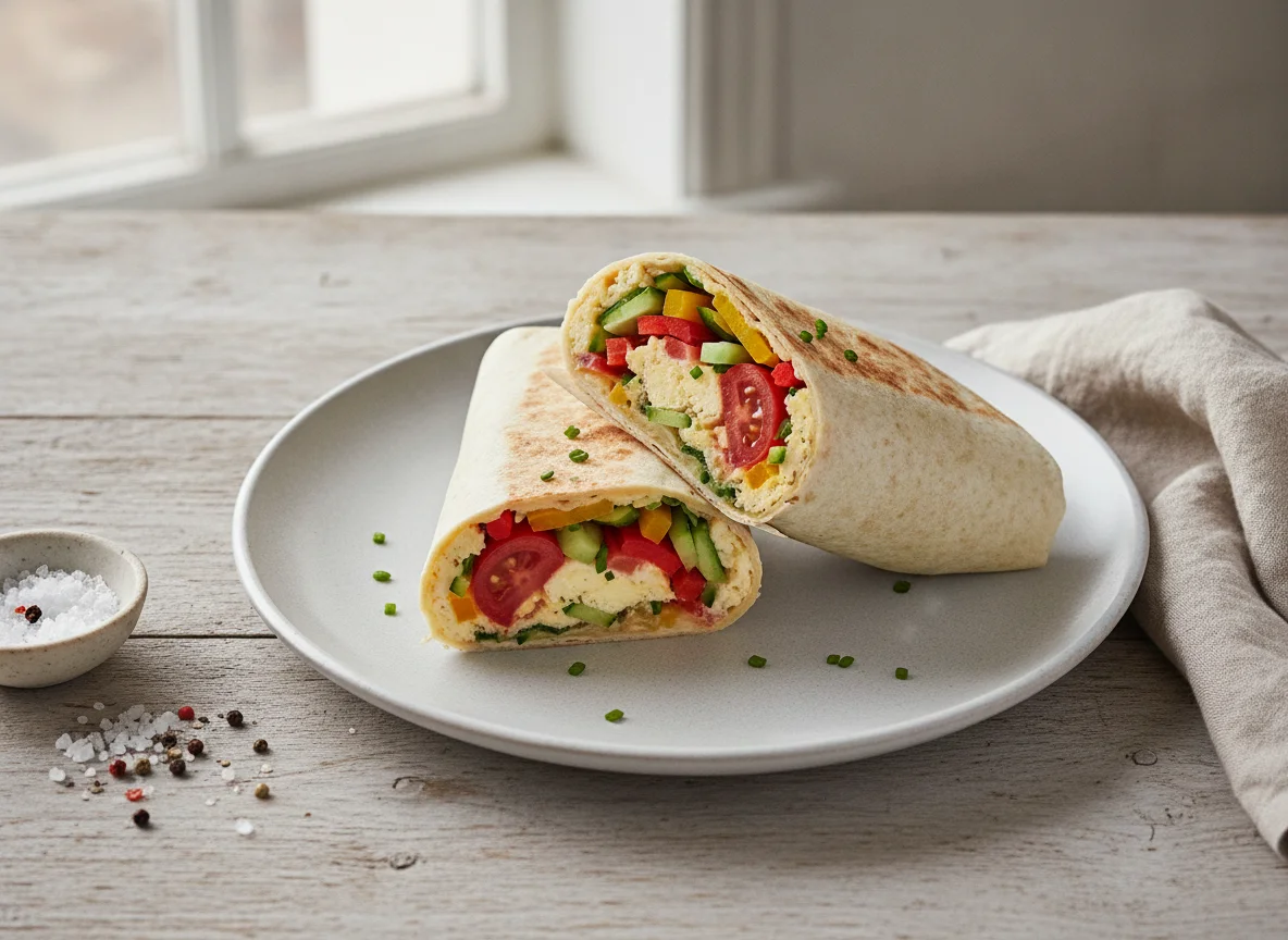Frühstücks-Wrap mit Rührei und Gemüse photo