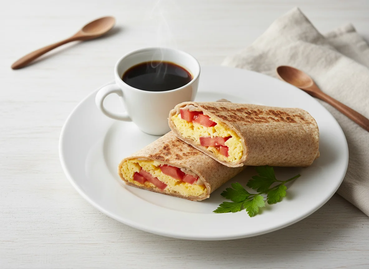 Frühstücks-Wrap mit Rührei und Kaffee photo