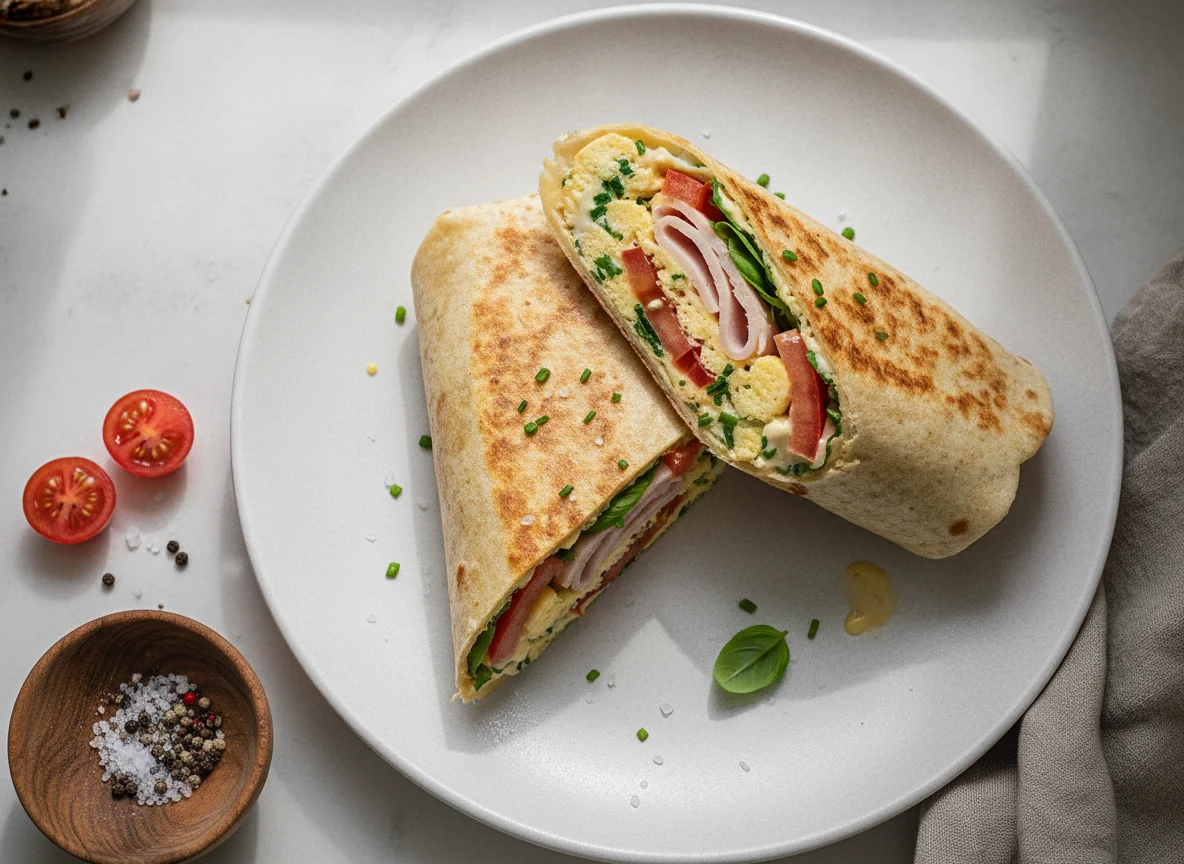 Frühstücks-Wrap mit Rührei und Tomaten photo