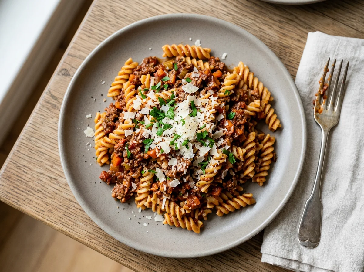 Fusilli Bolognese mit Parmesan photo