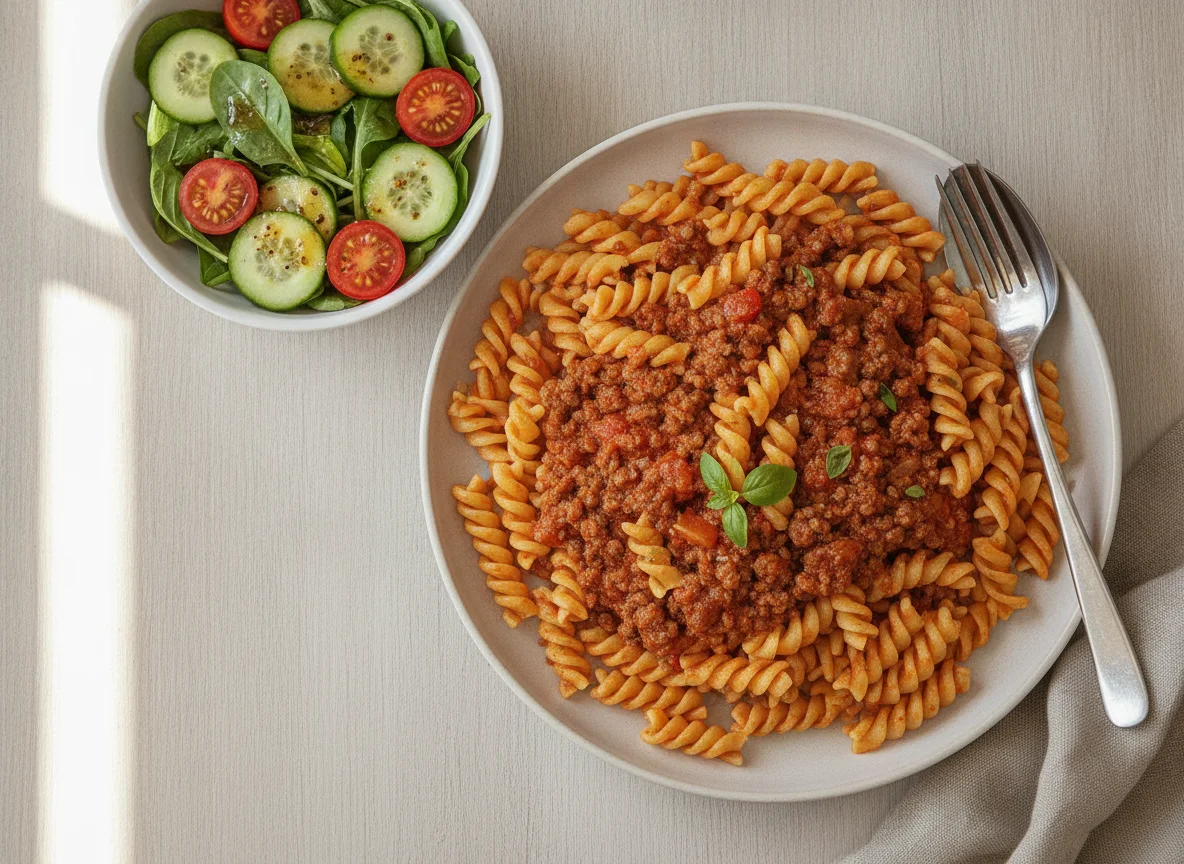 Fusilli mit Bolognese-Sauce und Beilagensalat photo