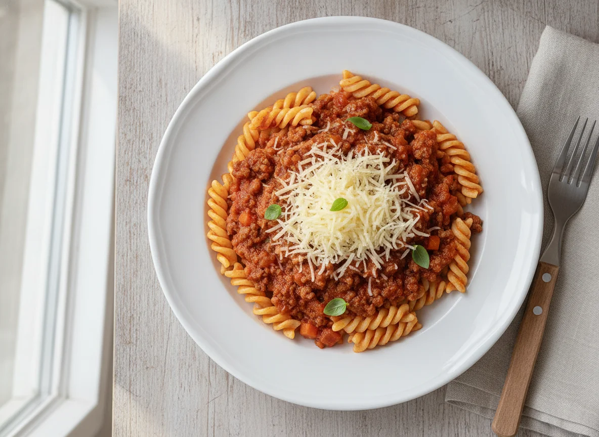 Fusilli mit Bolognese-Sauce und geriebenem Käse photo