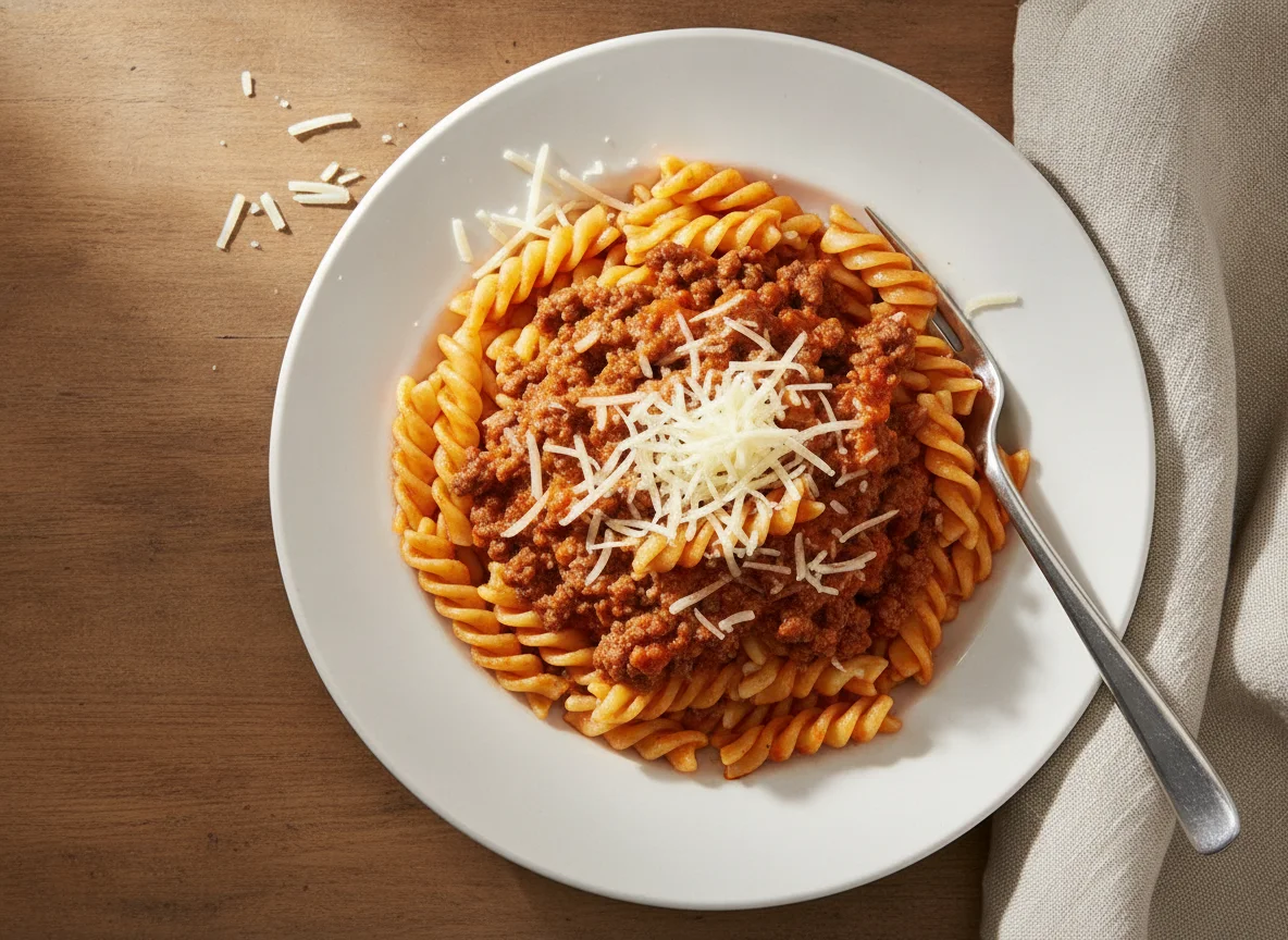 Fusilli mit Bolognese-Sauce und Käse photo