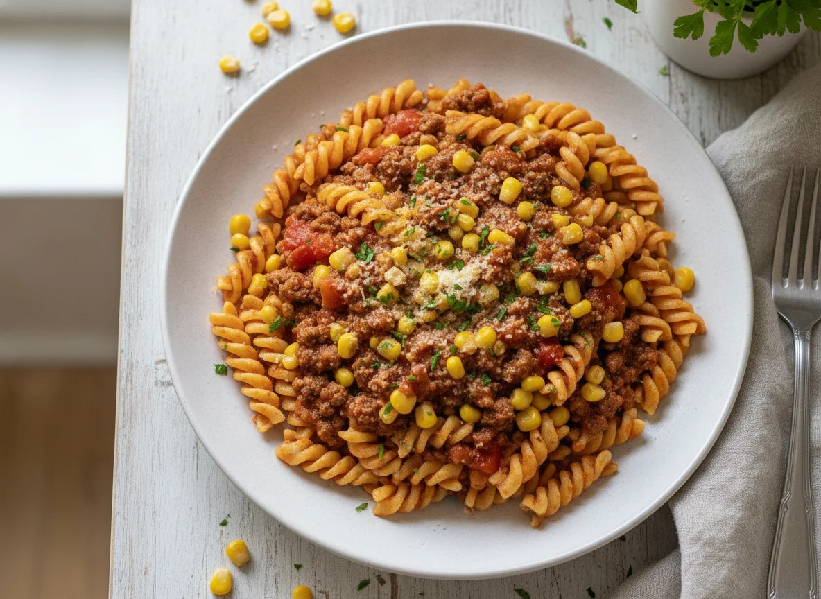 Fusilli mit Bolognese-Sauce und Mais photo