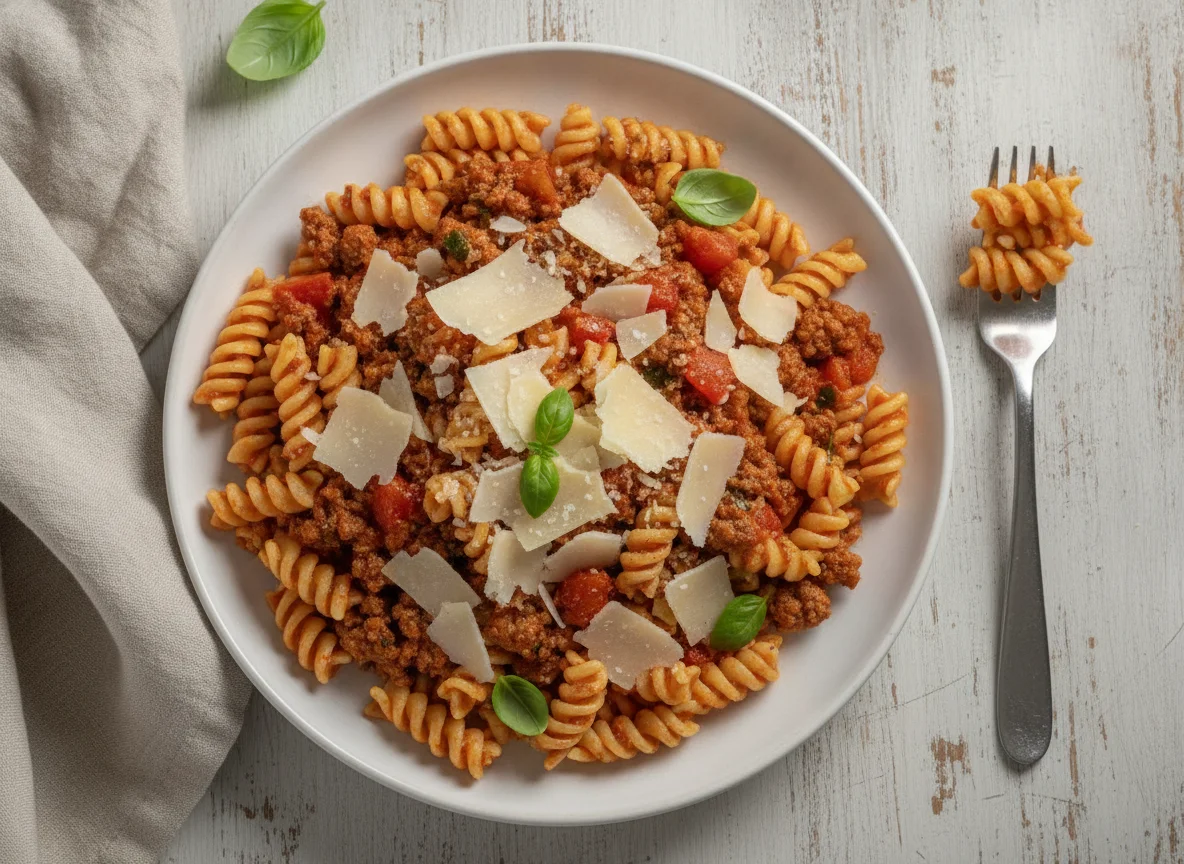 Fusilli mit Bolognese-Sauce und Parmesan photo