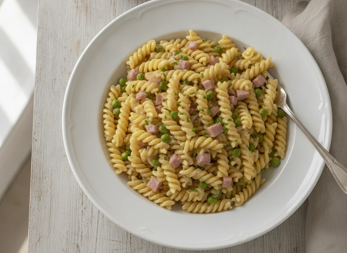 Fusilli mit Erbsen, Schinken und Sahnesauce photo