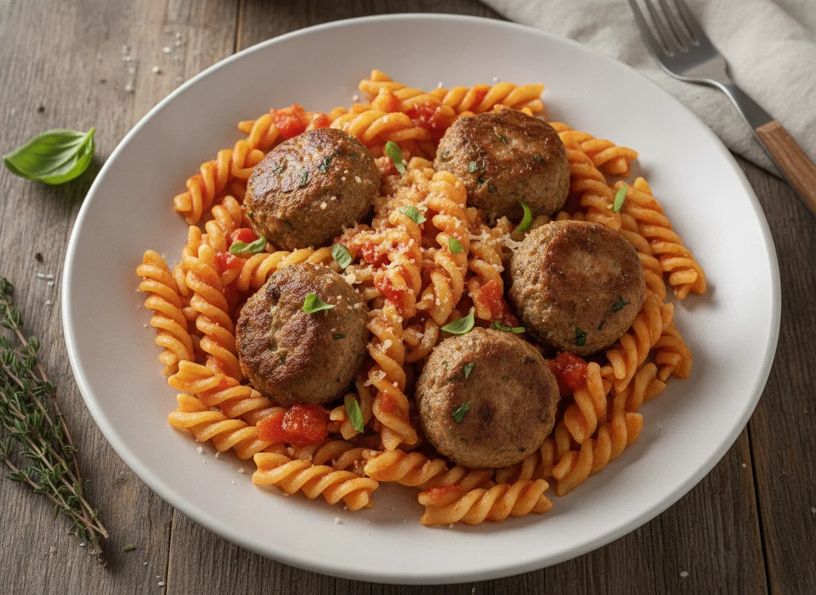 Fusilli mit Fleischbällchen und Tomatensauce photo
