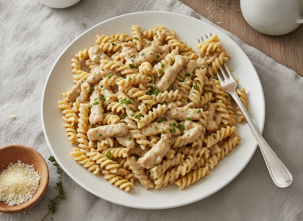 Fusilli mit Geschnetzeltem in Rahmsauce photo