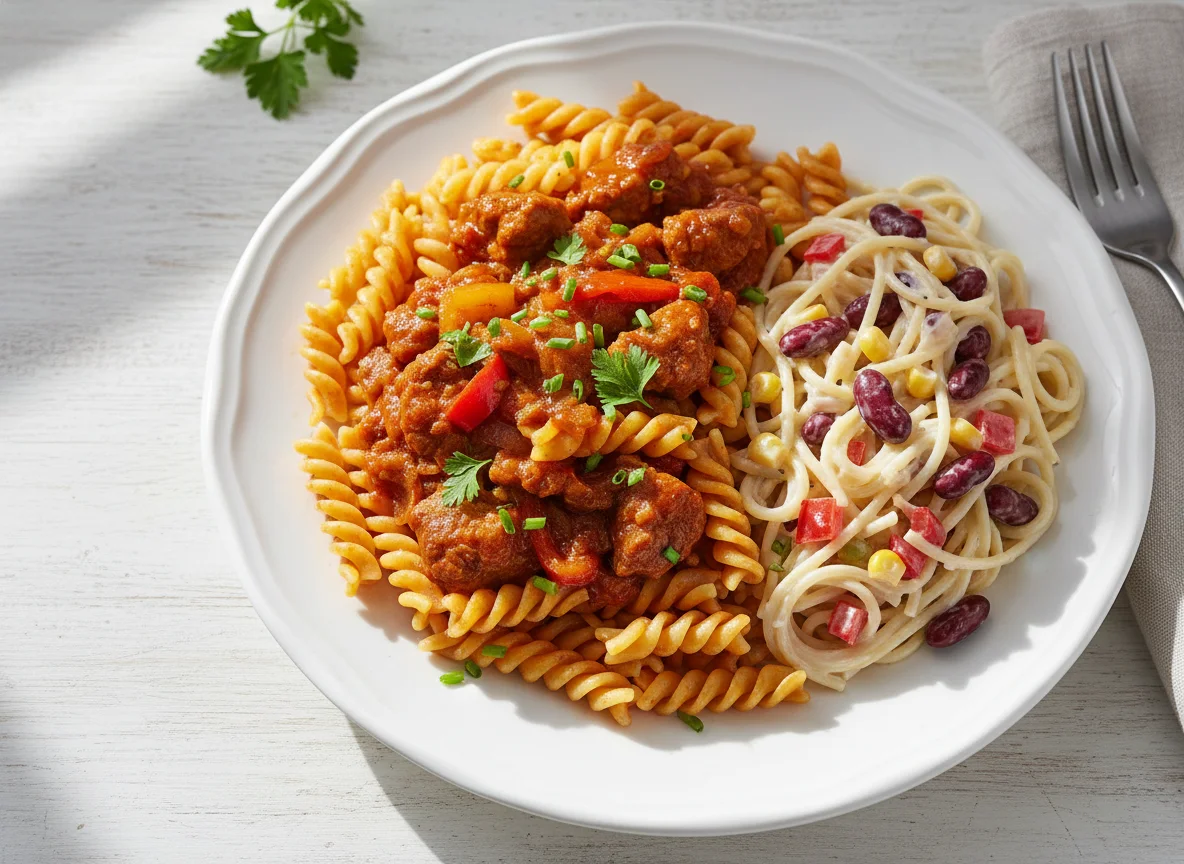 Fusilli mit Gulasch und Nudelsalat photo