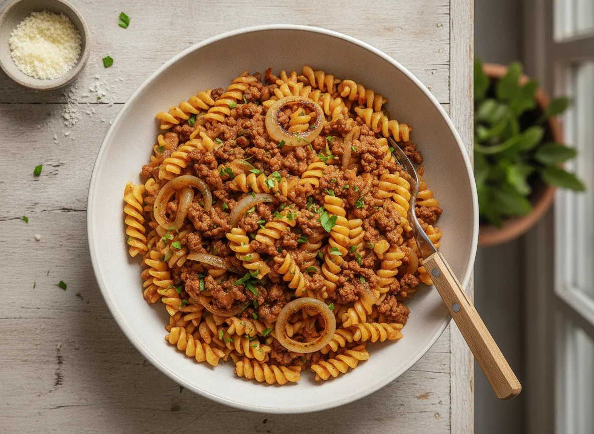 Fusilli mit Hackfleisch und Zwiebeln photo