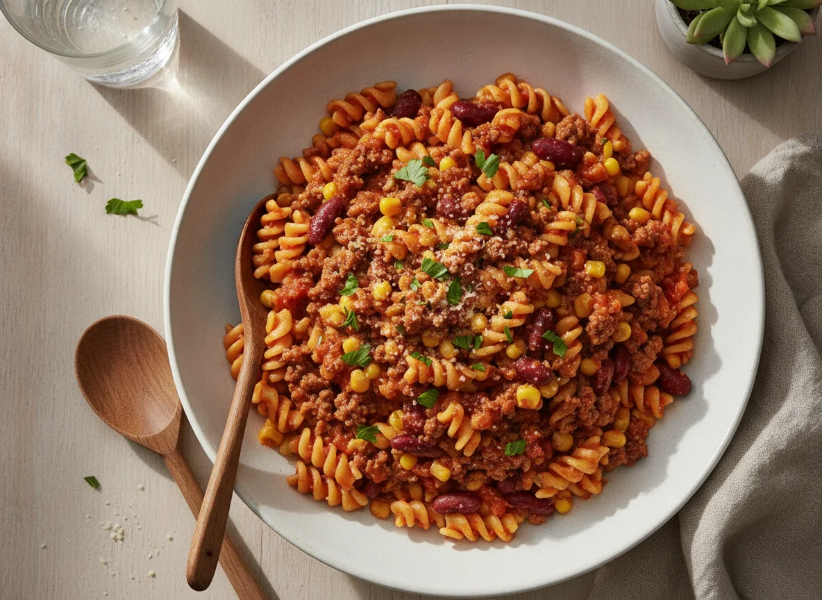Fusilli mit Hackfleisch-Mais-Sauce photo