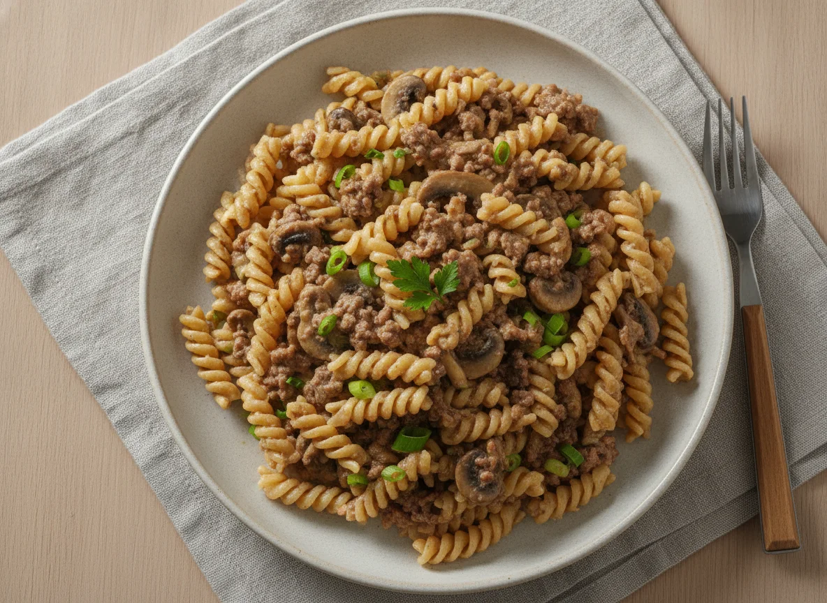 Fusilli mit Hackfleisch-Pilz-Rahmsauce photo