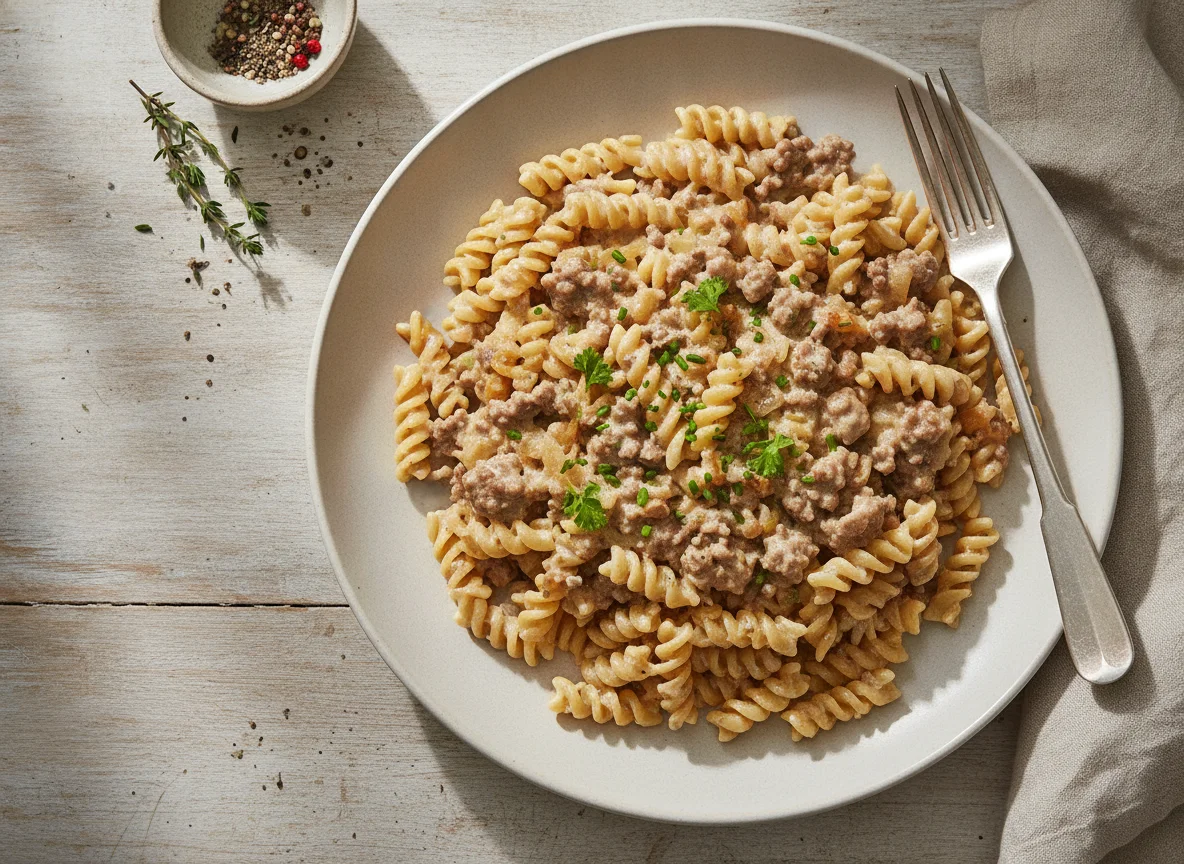 Fusilli mit Hackfleisch-Sahne-Sauce photo