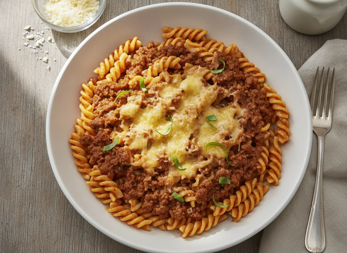 Fusilli mit Hackfleischsauce und Käse photo