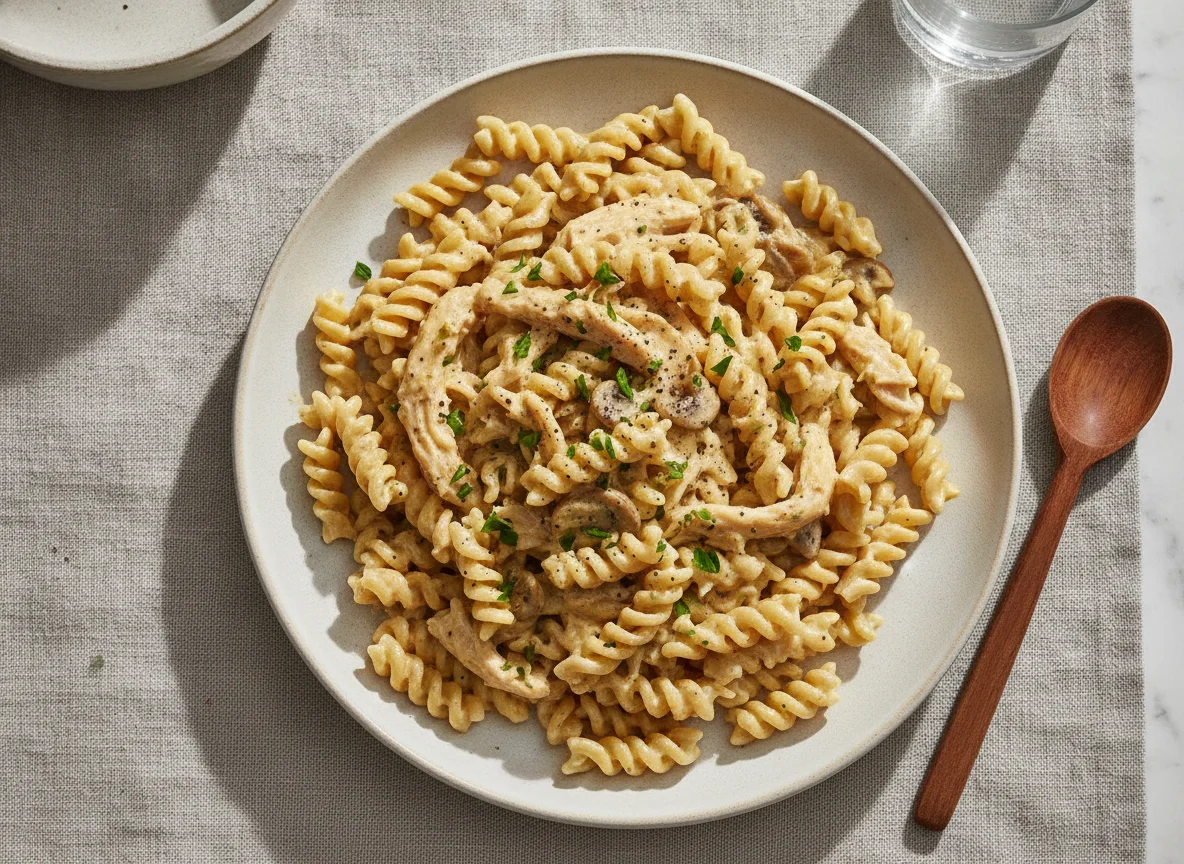 Fusilli mit Hähnchen in Sahnesauce photo