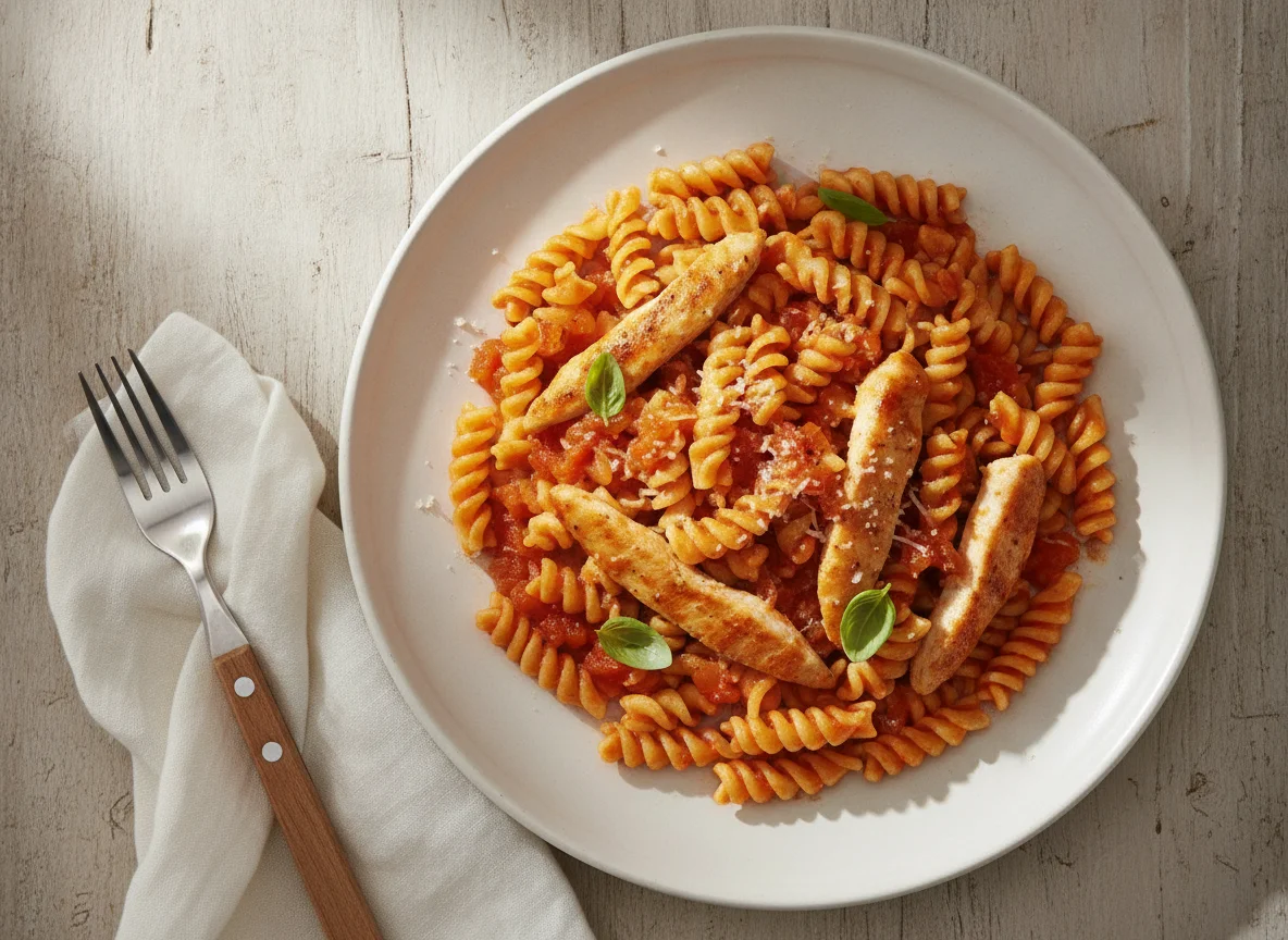 Fusilli mit Hähnchen in Tomatensauce photo