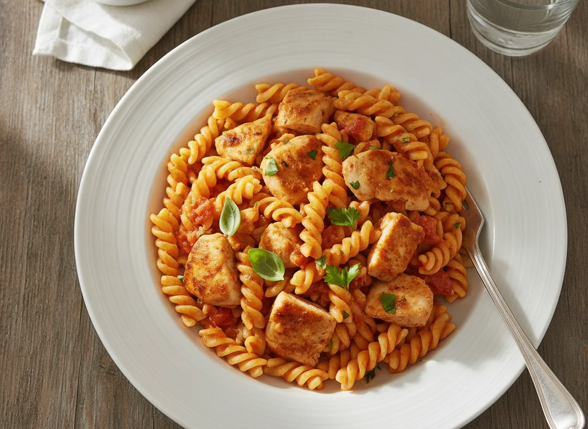 Fusilli mit Hähnchen und Tomatensauce photo