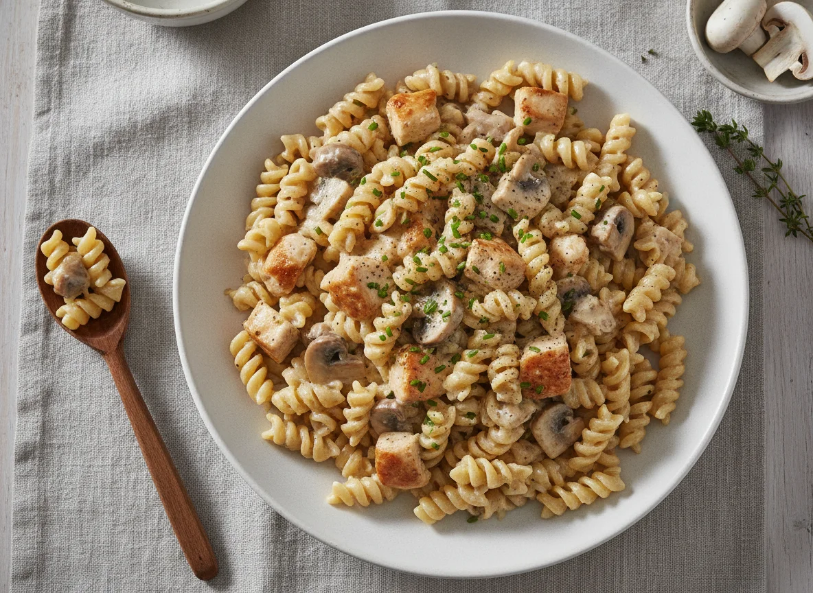 Fusilli mit Hähnchen-Pilz-Rahmsauce photo