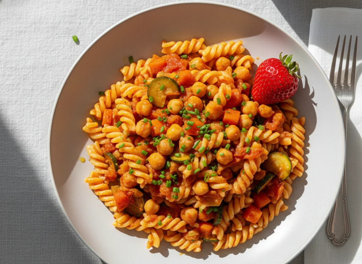 Fusilli mit Kichererbsen-Gemüse-Sauce und Erdbeere photo