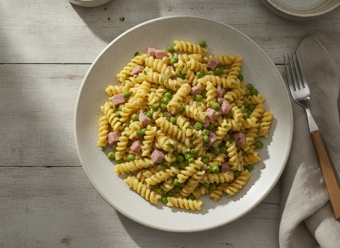 Fusilli mit Schinken, Erbsen und Sahnesauce photo