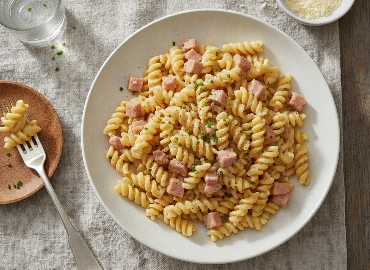 Fusilli mit Schinken-Sahne-Soße photo