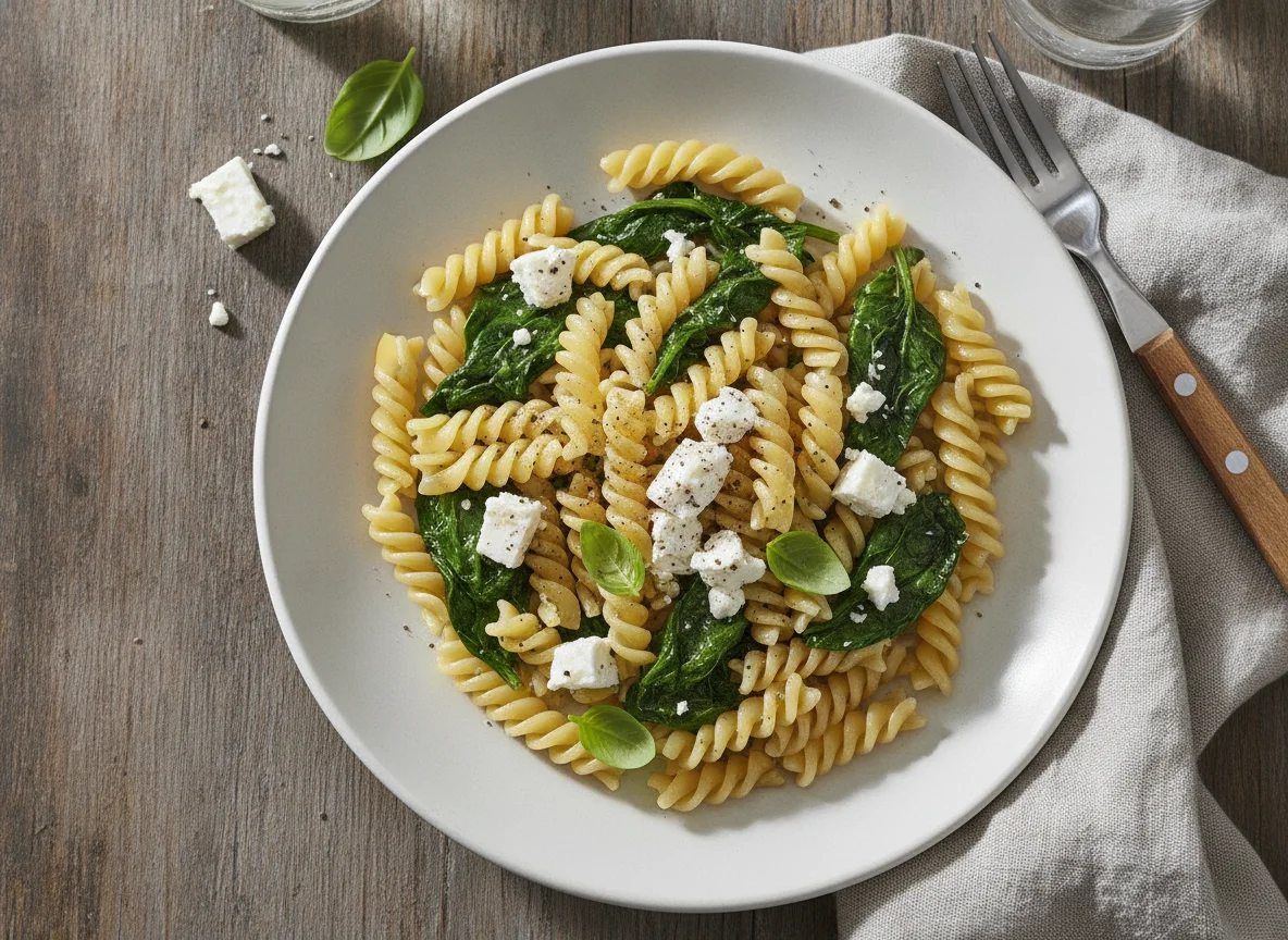 Fusilli mit Spinat und Feta photo