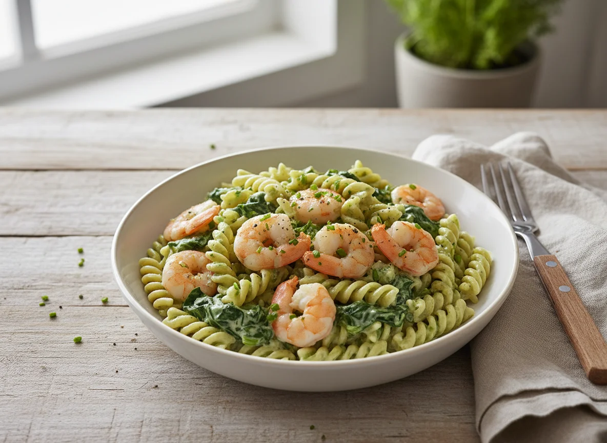 Fusilli mit Spinat und Garnelen photo