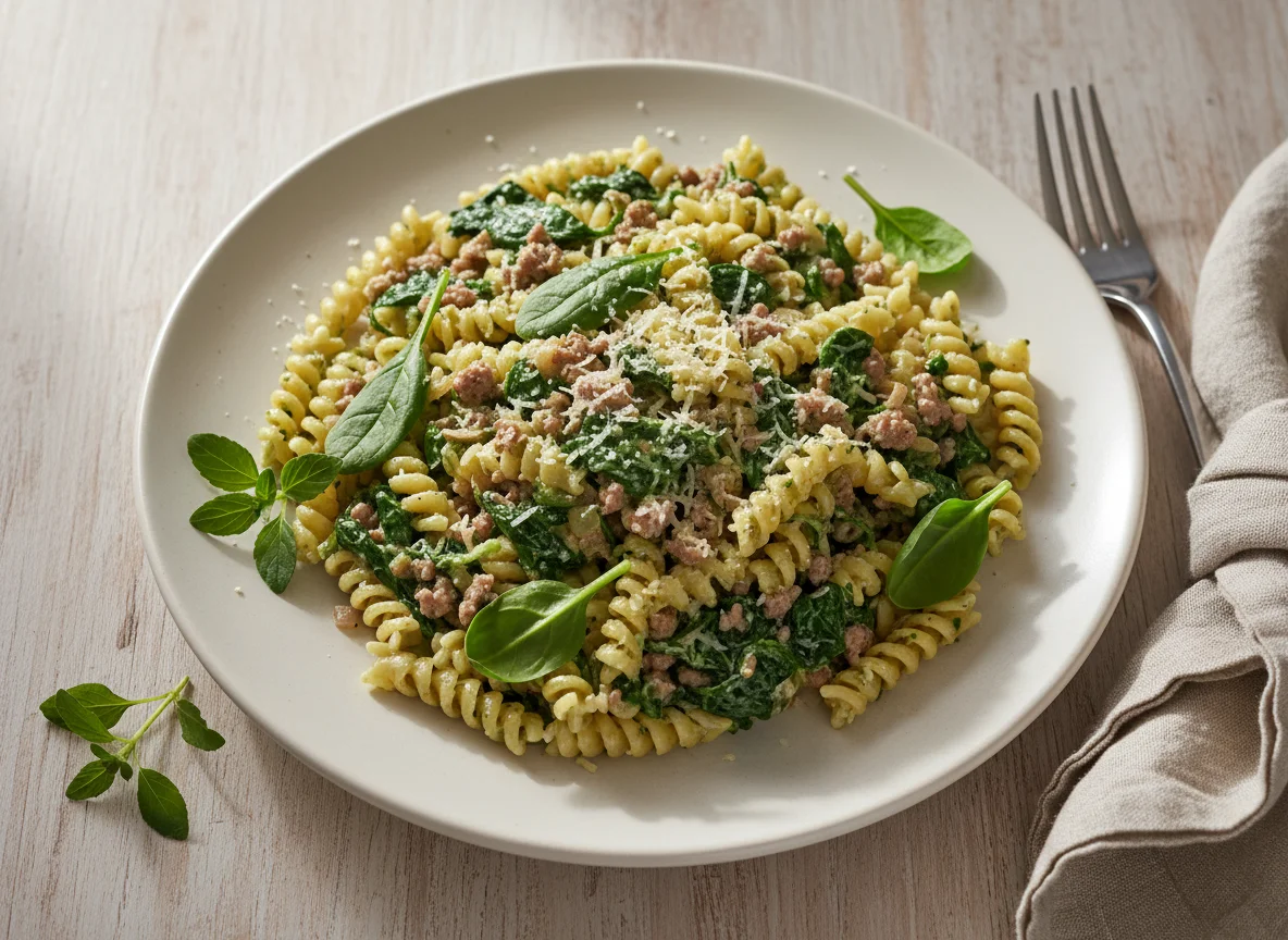 Fusilli mit Spinat und Hackfleisch photo
