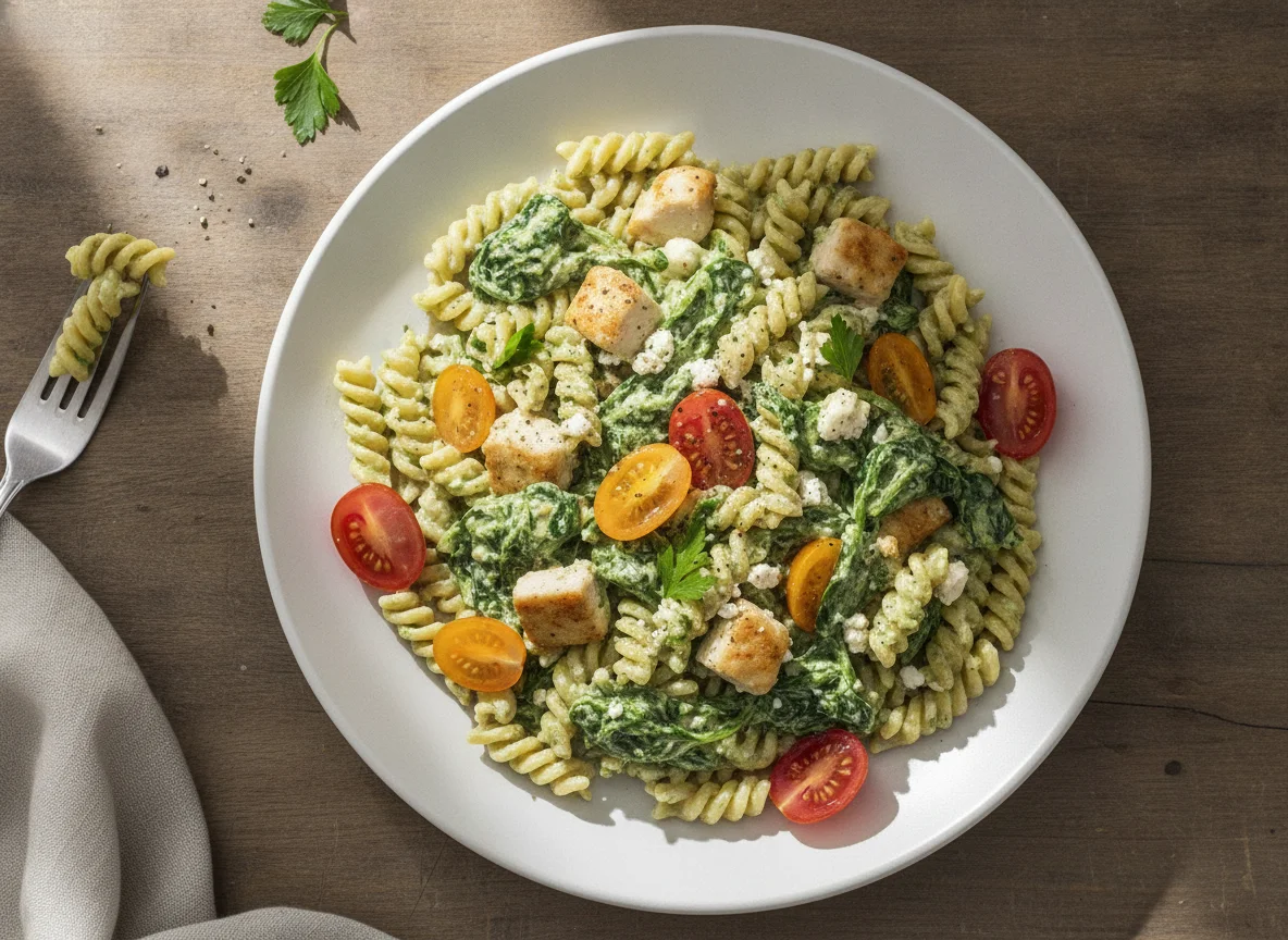Fusilli mit Spinat-Feta-Sauce und Tomaten photo
