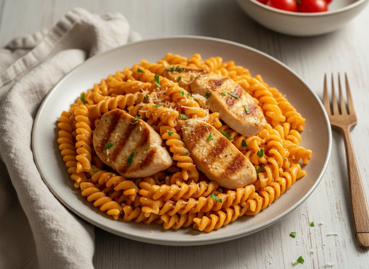 Fusilli mit Tomaten-Sahne-Sauce und Hähnchen photo