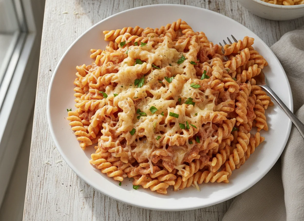 Fusilli mit Tomaten-Sahnesauce und Käse photo