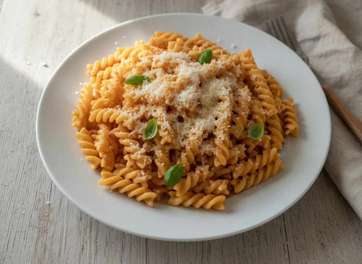 Fusilli mit Tomaten-Sahnesauce und Parmesan photo